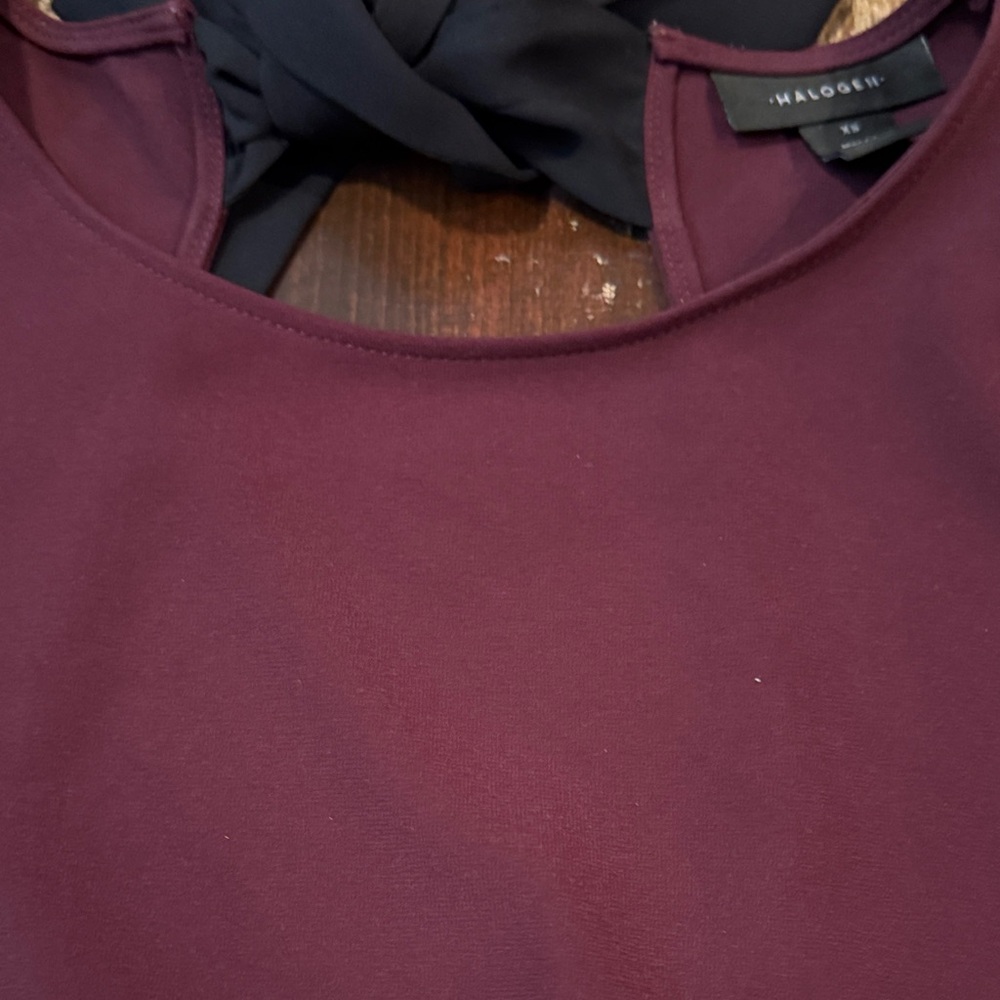 Halogen Burgundy Bell Sleeve Blouse with Black Neck Tie - Picture 4 of 10